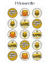Cute circular bee and honey pot cupcake toppers with yellow and black bumble bee designs on white background