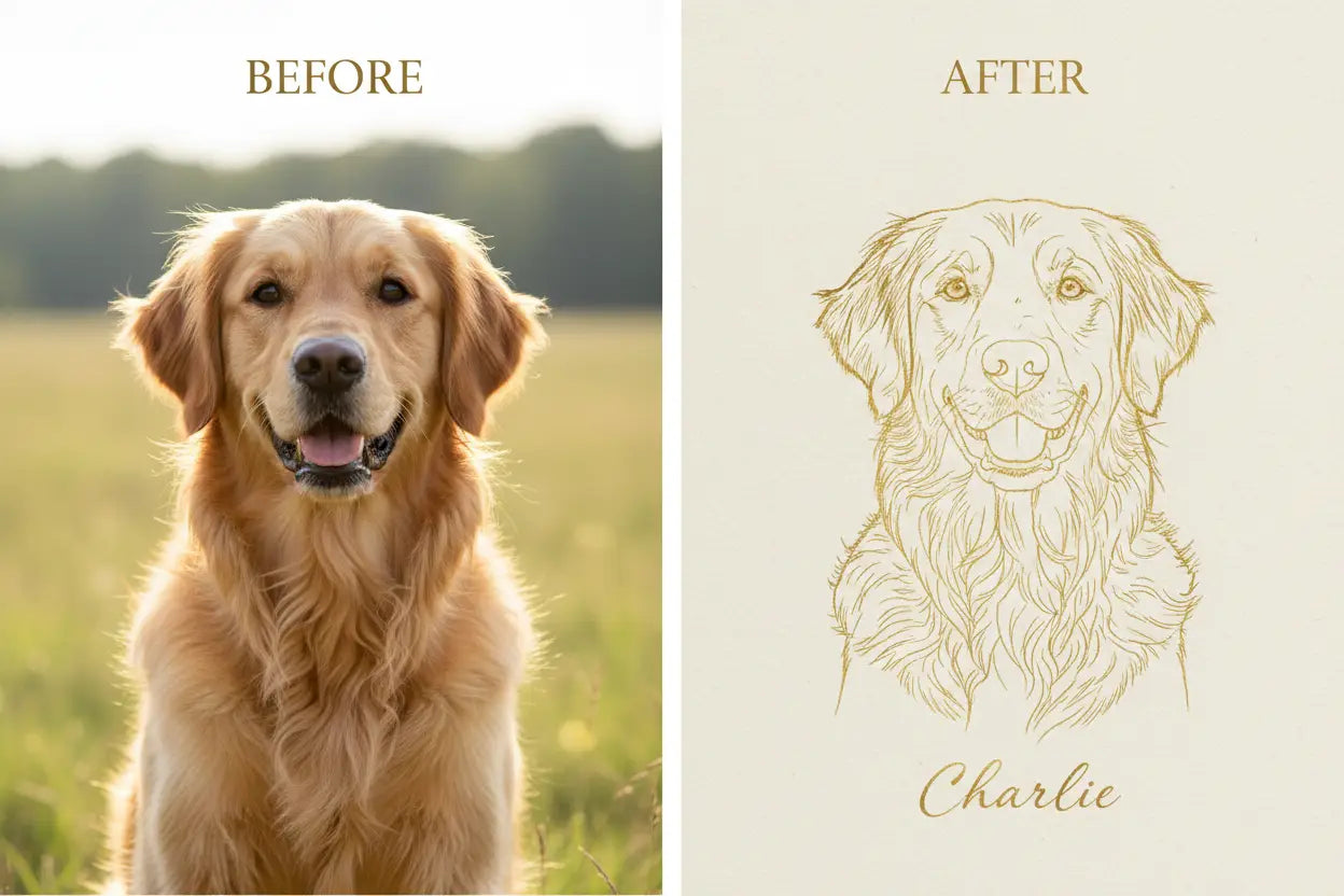 Before and after transformation from pet photo to sketch to gold foil line art print