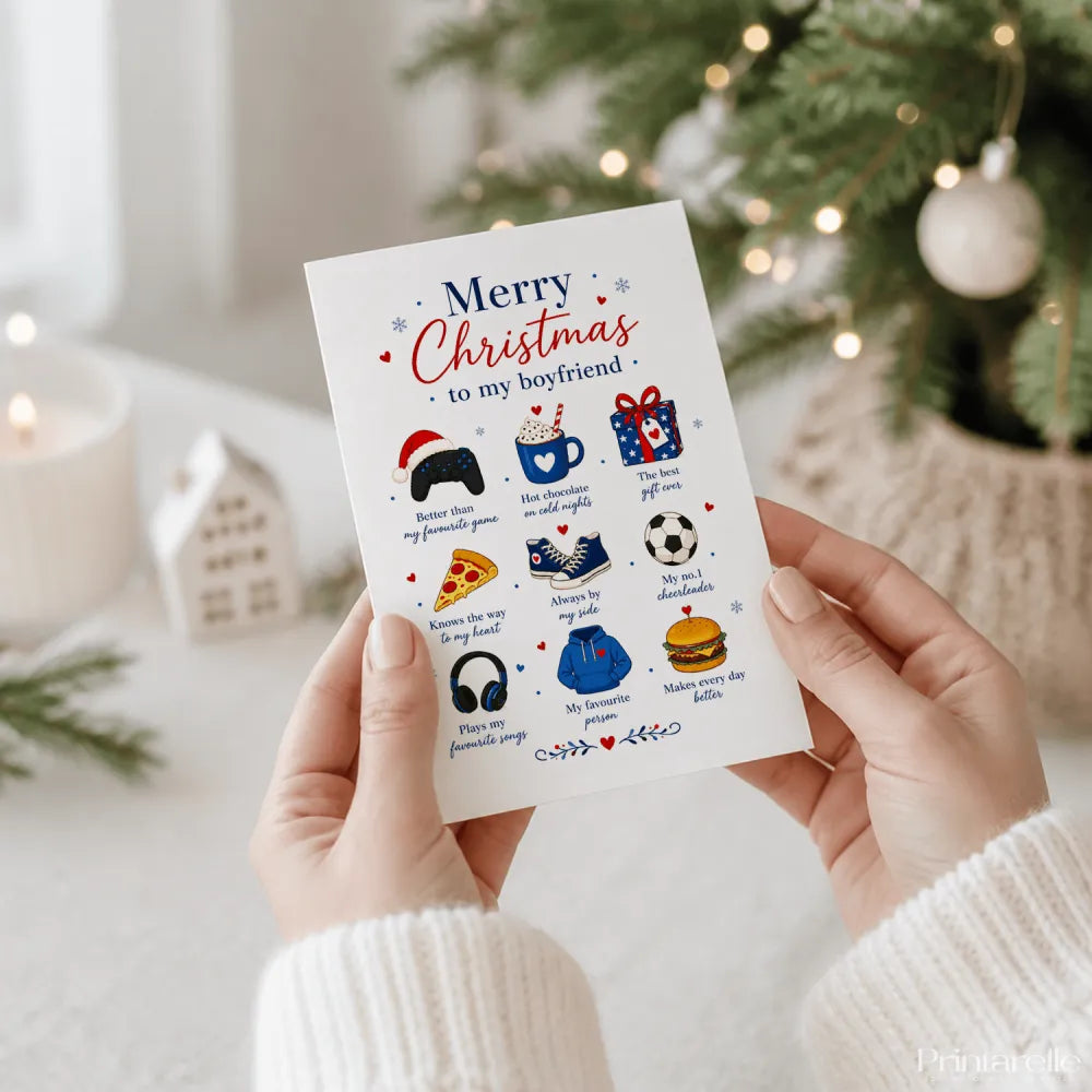 White boyfriend christmas card with colorful merry christmas to my boyfriend text from better than my favourite game collection