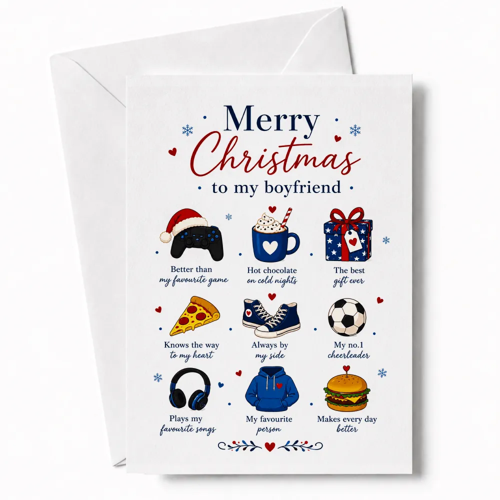 White boyfriend christmas card with colorful illustrations and merry christmas to my boyfriend text, perfect for christmas card use