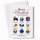 White boyfriend christmas card with colorful illustrations and merry christmas to my boyfriend text, perfect for christmas card use