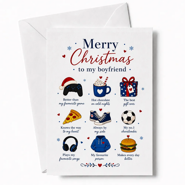 White boyfriend christmas card with colorful illustrations and merry christmas to my boyfriend text, perfect for christmas card use