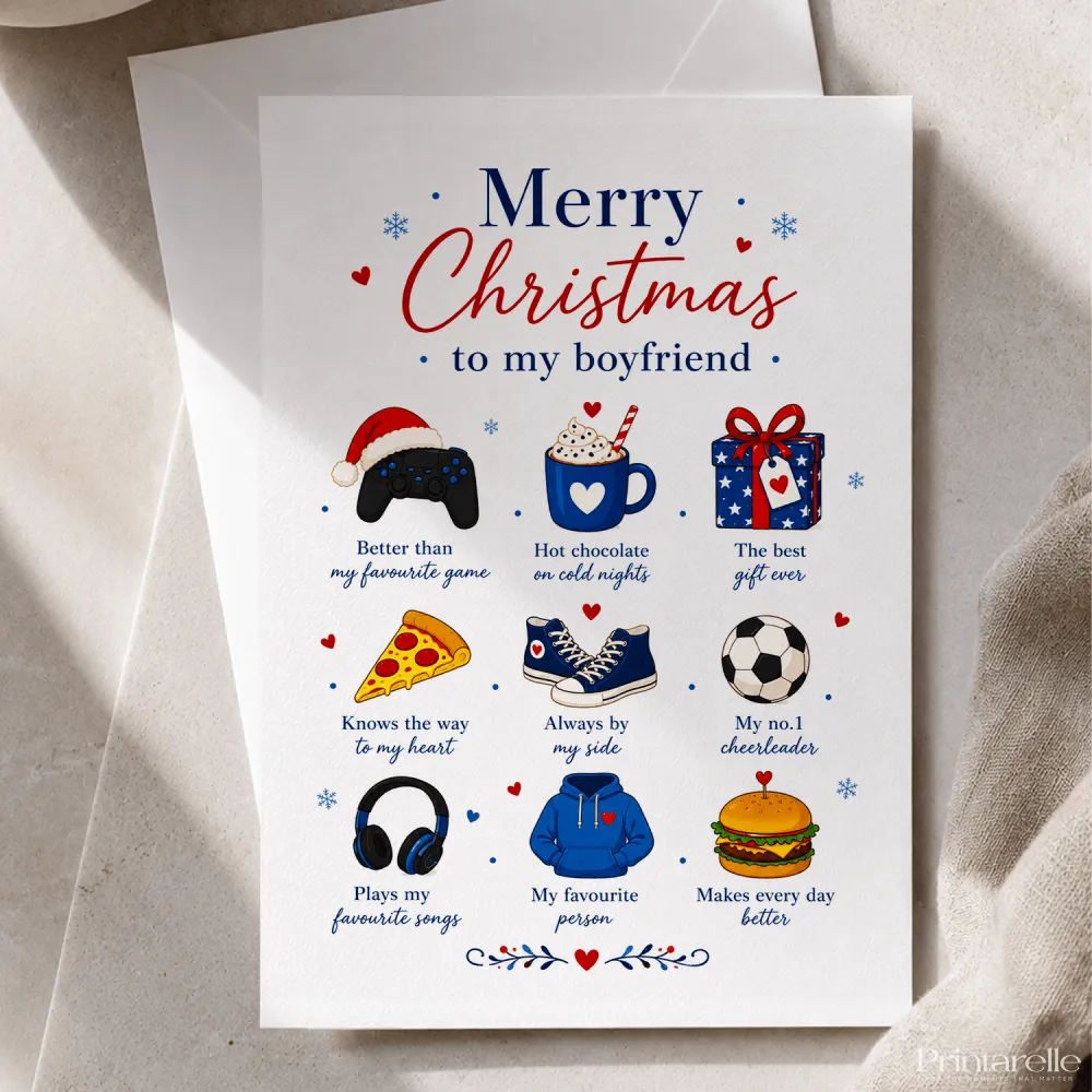 White boyfriend christmas card with colorful illustrations and text titled better than my favourite game christmas card