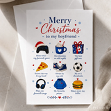 White boyfriend christmas card with colorful illustrations and text titled better than my favourite game christmas card