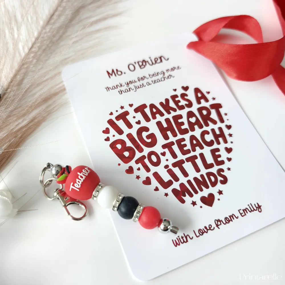 Red and white bead keychain with a teacher charm perfect for gifting with a personalised teacher card