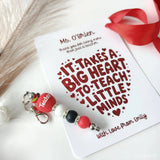 Red and white bead keychain with a teacher charm perfect for gifting with a personalised teacher card