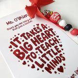 Red beaded bead keychain with best teacher ever charm and silver accents paired with a personalised teacher card