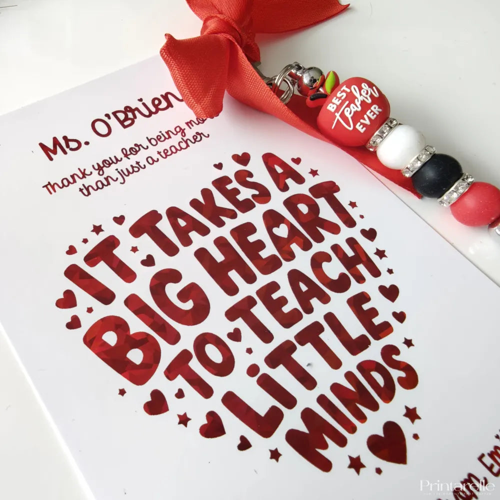 Red beaded bead keychain with best teacher ever charm and silver accents paired with a personalised teacher card