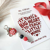 Red and white beaded keychain with best teacher ever charm paired with a personalised teacher card for gift use