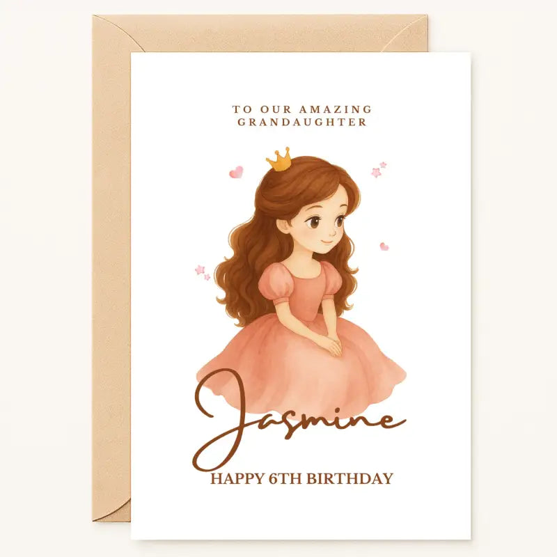 personalised 6th birthday card with brown haired princess in pink dress