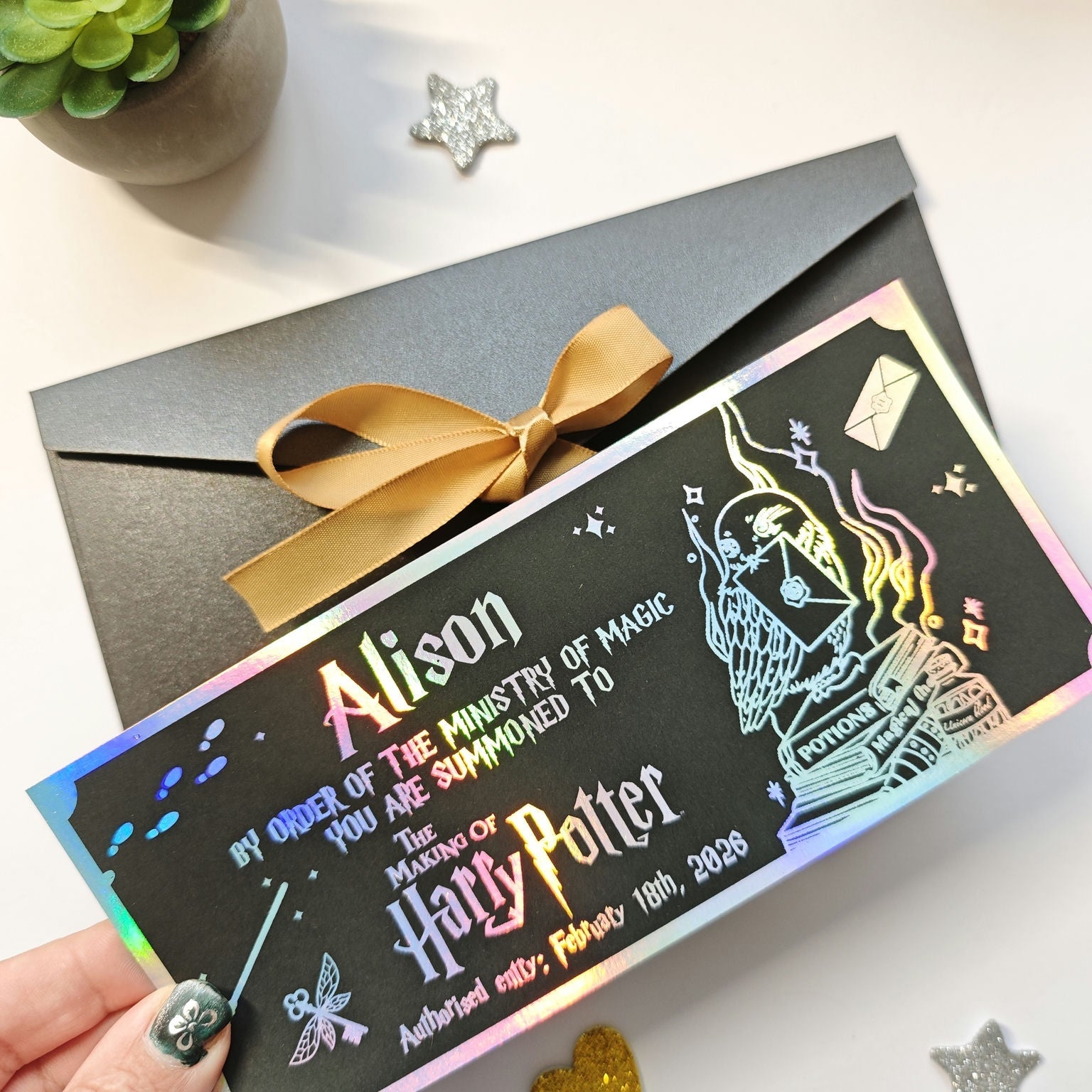 Black Foil Harry Potter Ticket | Luxury Hogwarts Acceptance Letter - Light Blue Foil Ticket - Printarelle