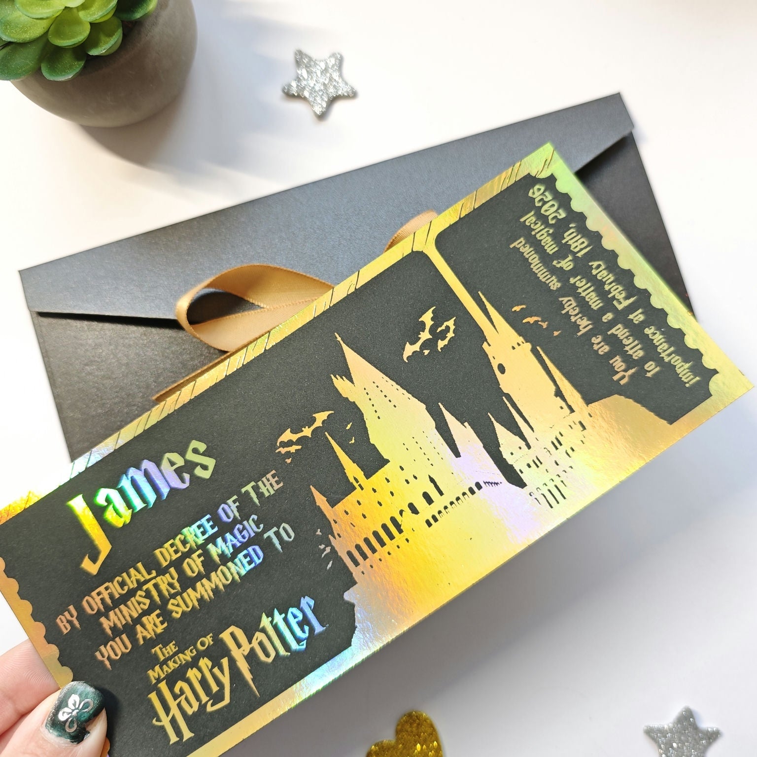 Black Foil Harry Potter Ticket | Luxury Hogwarts Acceptance Letter - Foil Ticket - Printarelle