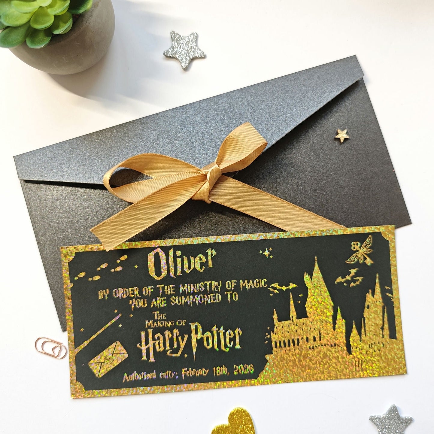 Black Foil Harry Potter Ticket | Luxury Hogwarts Acceptance Letter - Foil Ticket - Printarelle