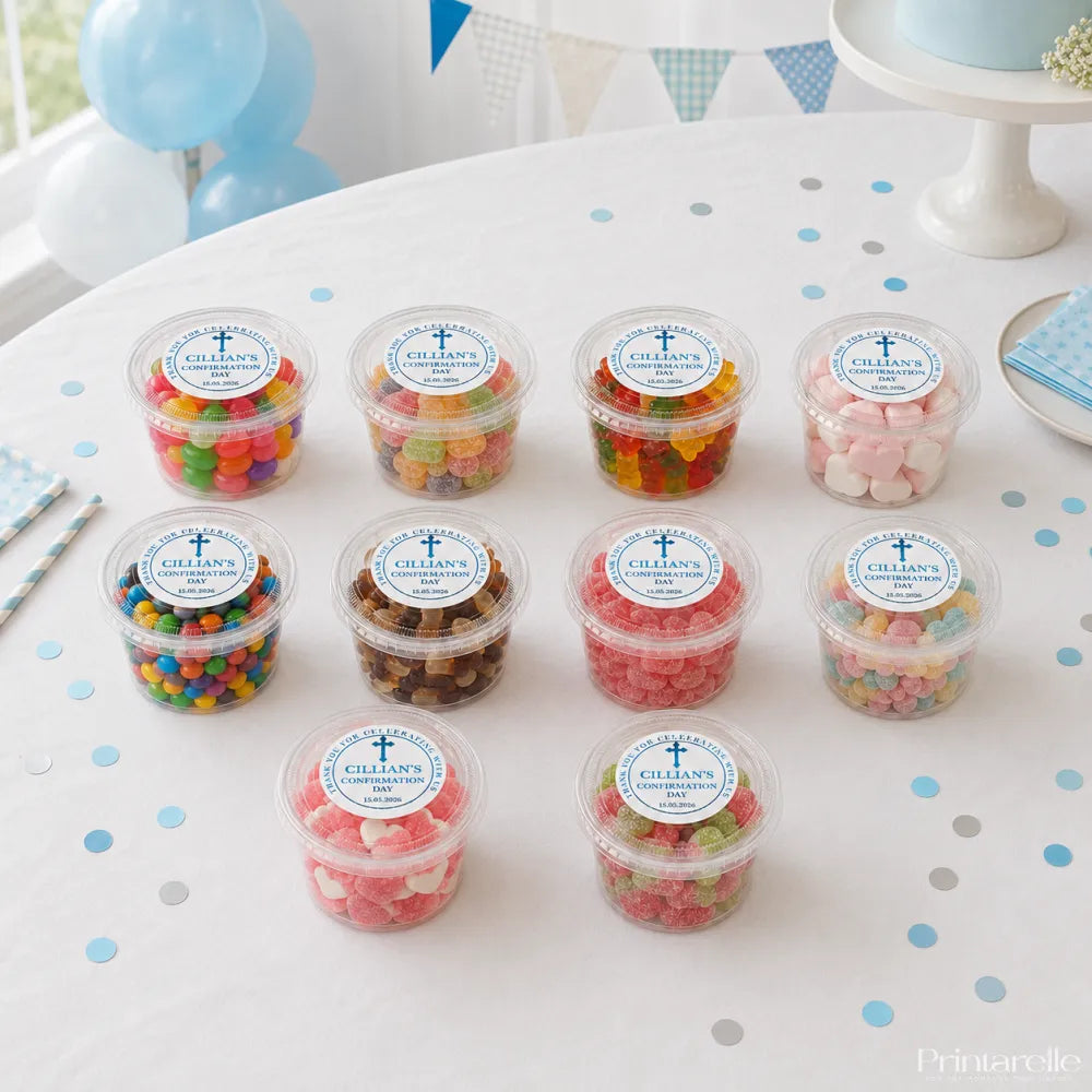 Clear plastic tubs of colorful gummy candies sealed with white labels featuring a blessed cross for cross confirmation