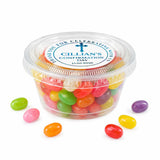 Clear plastic tub with colorful jelly beans and custom cillian label for blessed cross confirmation sweet tub