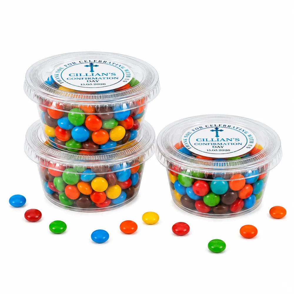Clear plastic containers filled with colorful round chocolate candies for blessed cross confirmation 45g mini sweet tub