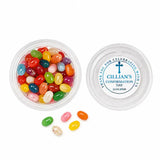 Clear plastic tub with colorful jelly beans and blue cross lid personalized for cillian’s blessed cross confirmation day