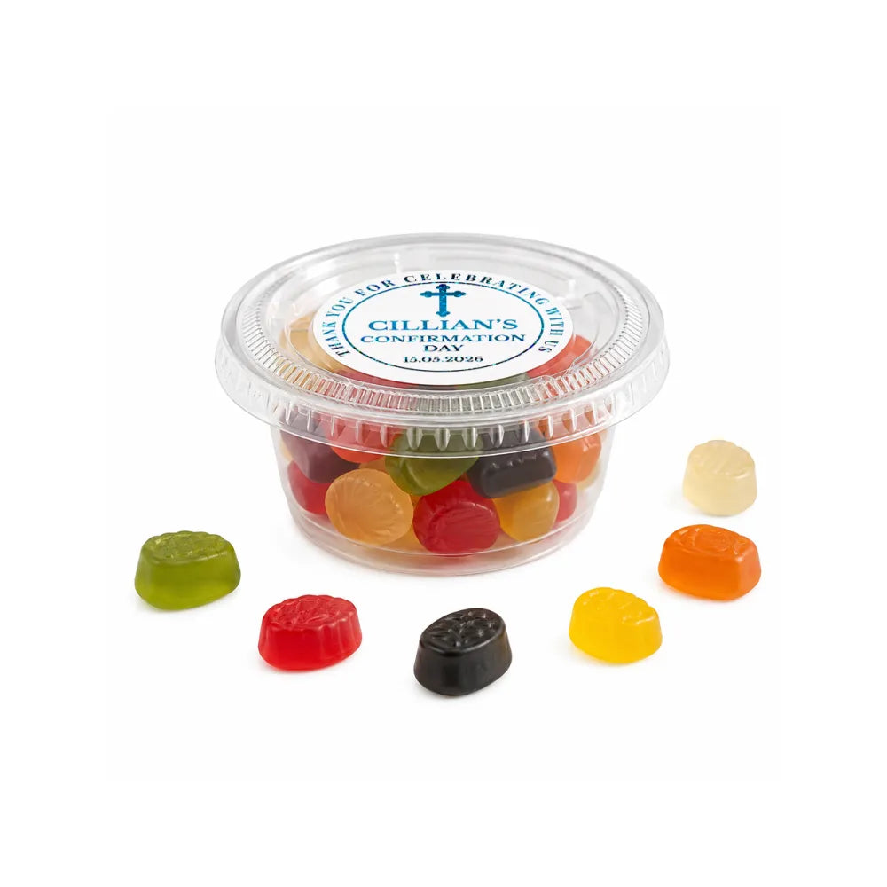 Clear plastic mini sweet tub with colorful gummies and custom label for cillian’s confirmation day blessed cross confirmation