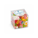 Clear acrylic box filled with colorful gummy candies featuring a blessed cross design in a personalised clear box