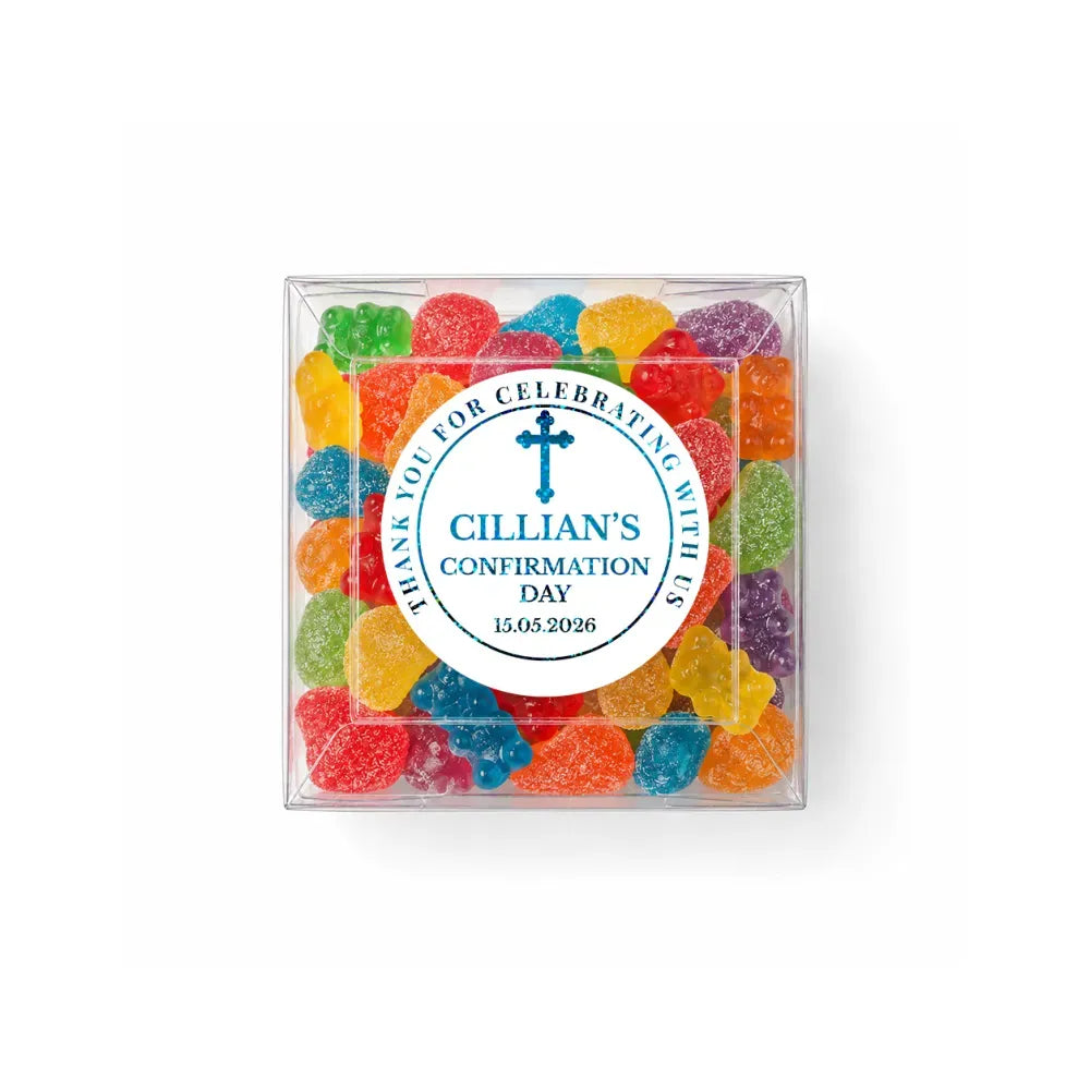 A clear acrylic box filled with colorful gummy bears in a blessed cross confirmation personalised clear box