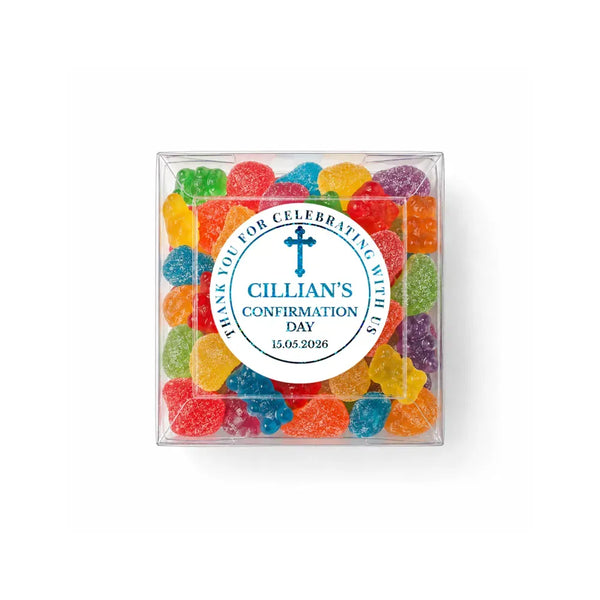 A clear acrylic box filled with colorful gummy bears in a blessed cross confirmation personalised clear box