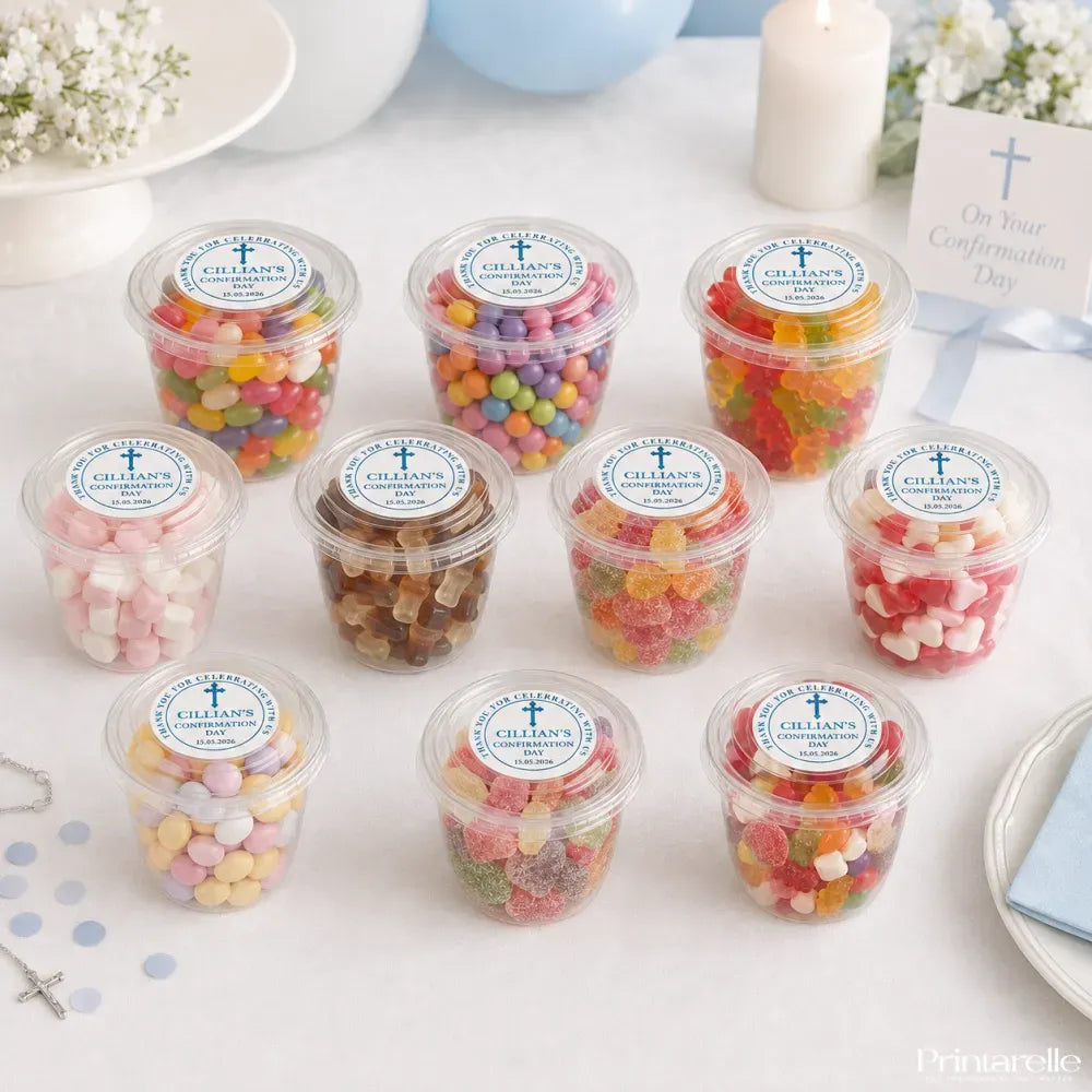 Clear plastic tubs filled with colorful gummy candies sealed with blue and white blessed cross confirmation labels