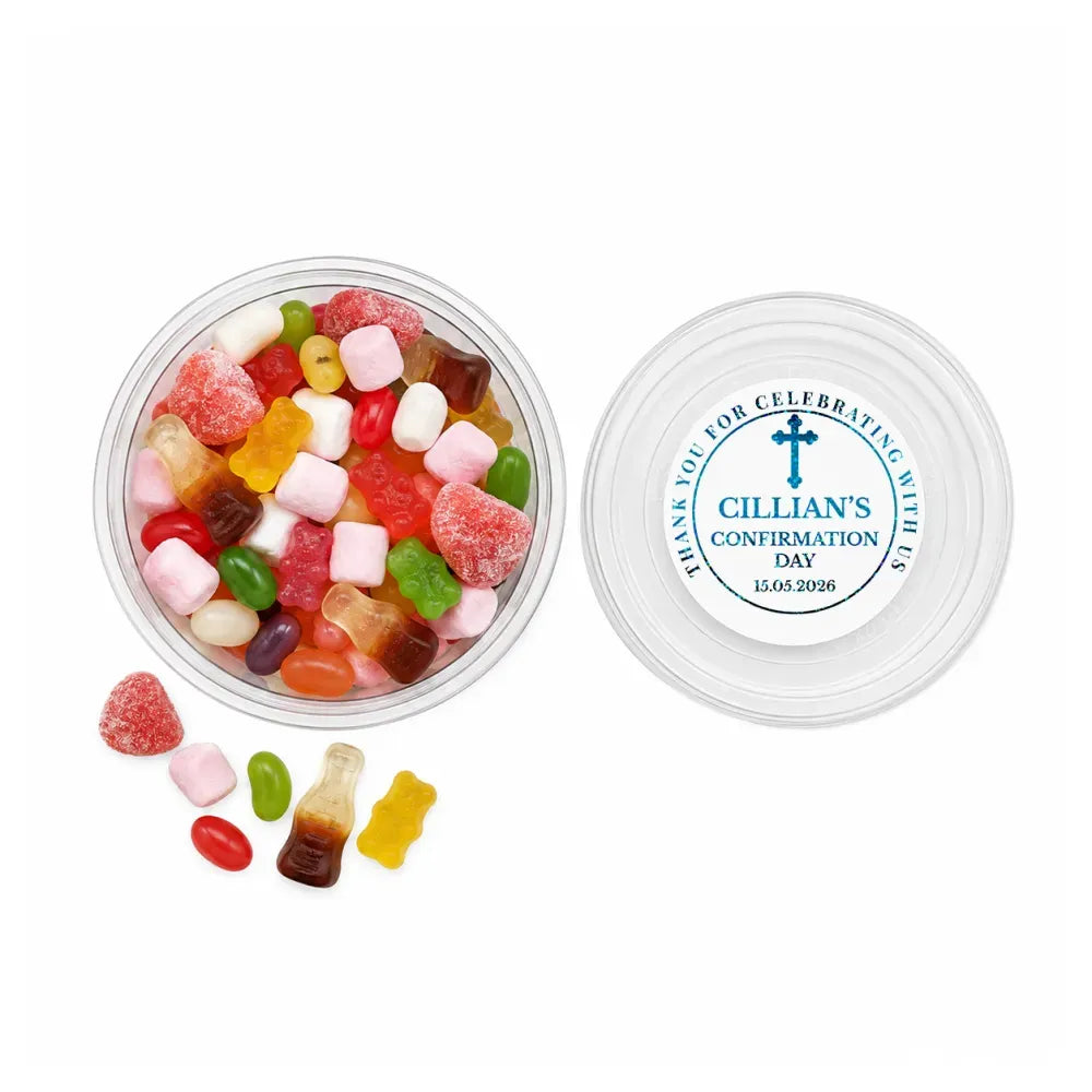 Clear plastic tub with matching lid and a blue blessed cross confirmation label for cillian’s confirmation day