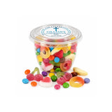 Clear plastic tub filled with colorful gummy rings hearts and cherries with blessed cross confirmation foil sticker