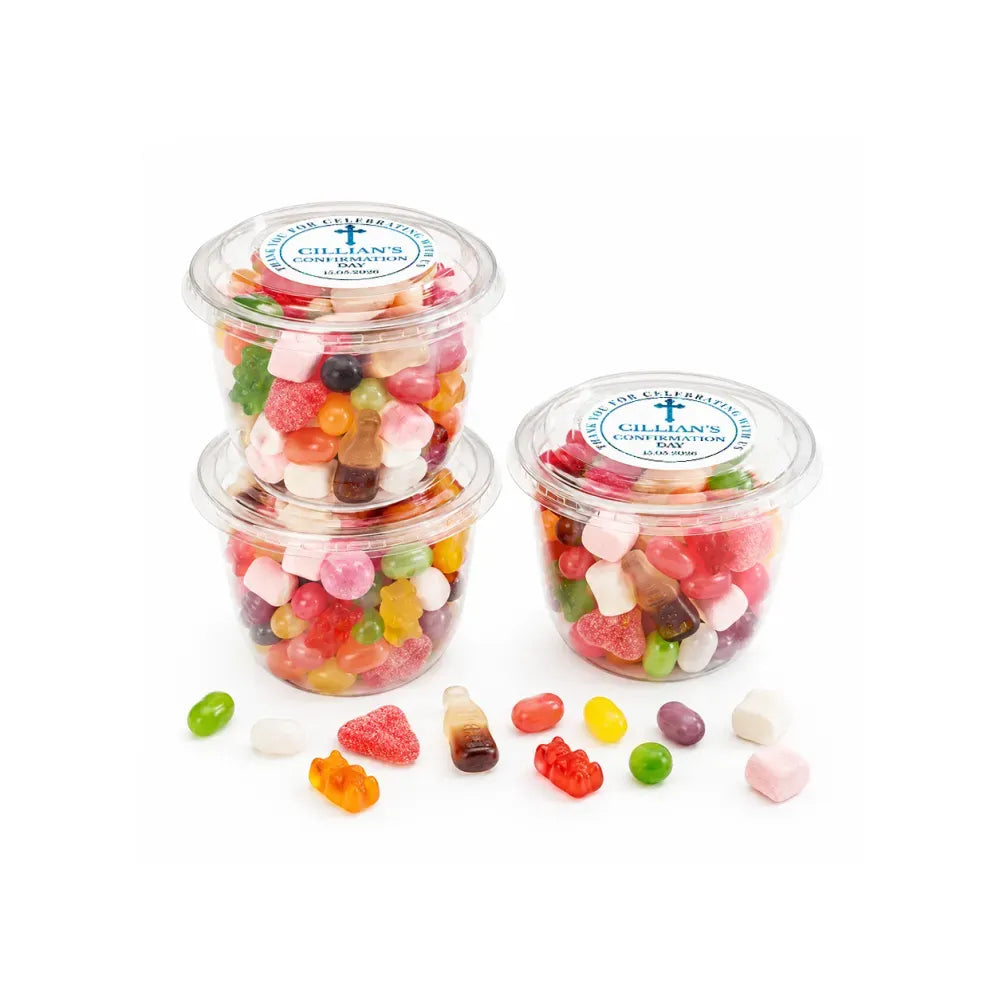Clear plastic tub filled with colorful gummy candies and jelly beans with blessed cross confirmation foil sticker