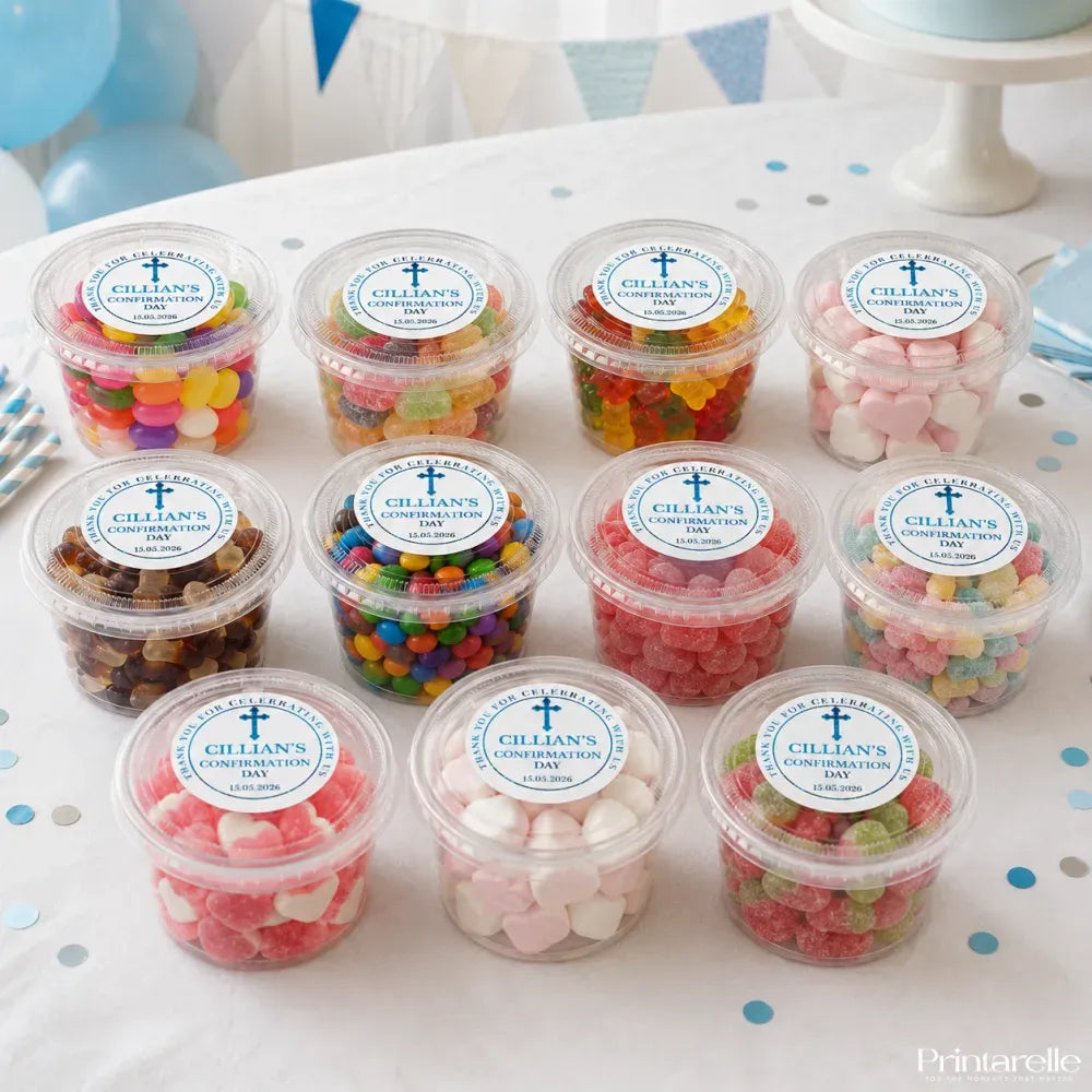 Clear plastic tubs filled with colorful candies sealed with blessed cross confirmation white labels with blue cross design