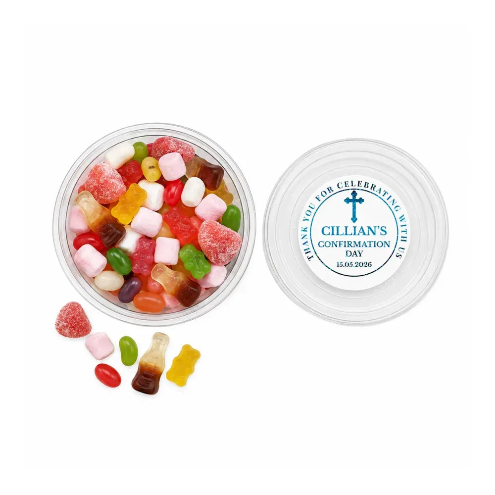 Clear plastic tub with white lid and blue blessed cross confirmation sticker filled with colorful candies