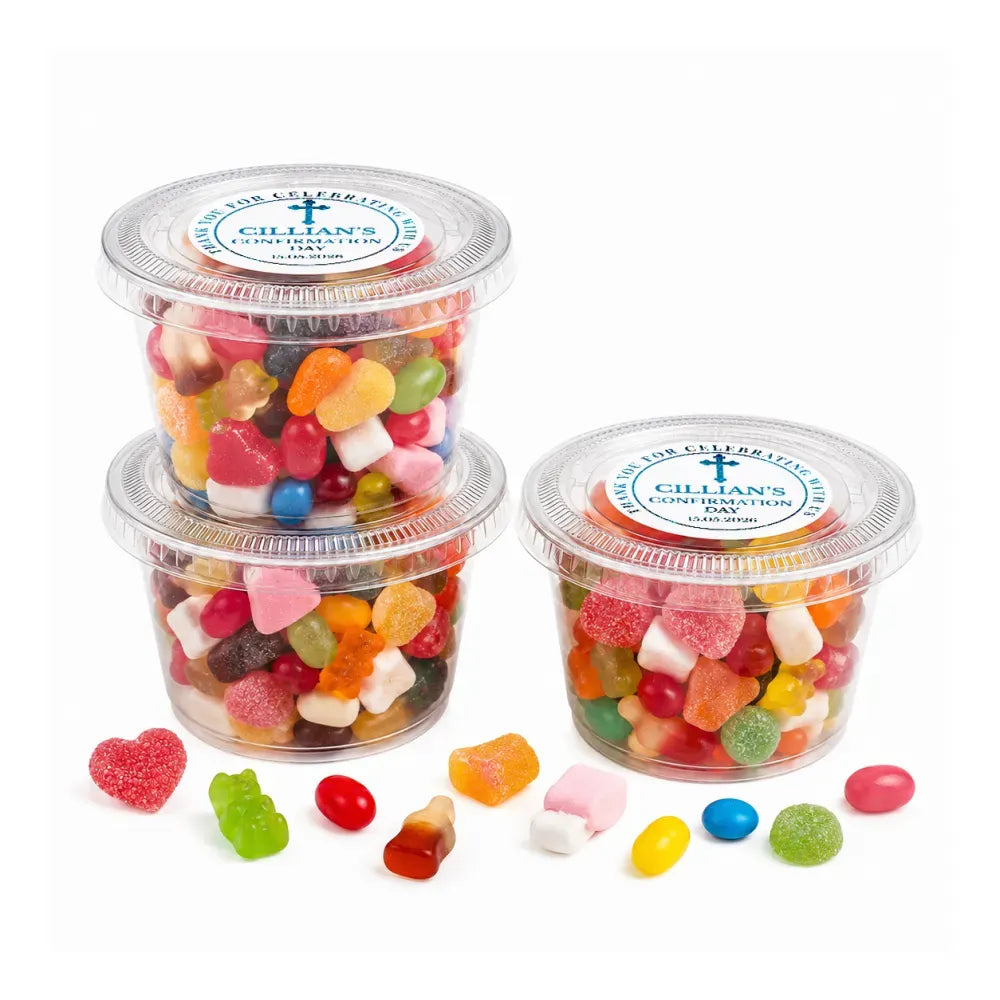 Clear plastic tubs filled with colorful gummy candies with blessed cross confirmation foil sticker 80g tub
