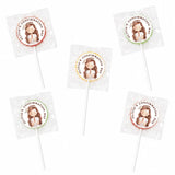 White personalised lollipop favours with cartoon girl label for olivias confirmation day wrapped in clear cellophane
