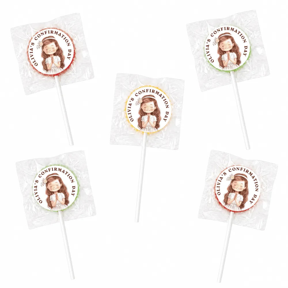 White personalised lollipop favours with cartoon girl label for olivias confirmation day wrapped in clear cellophane