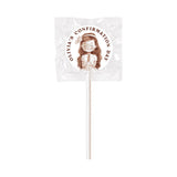 White personalised lollipop favours wrapped in clear plastic with a girl cartoon for olivias confirmation day