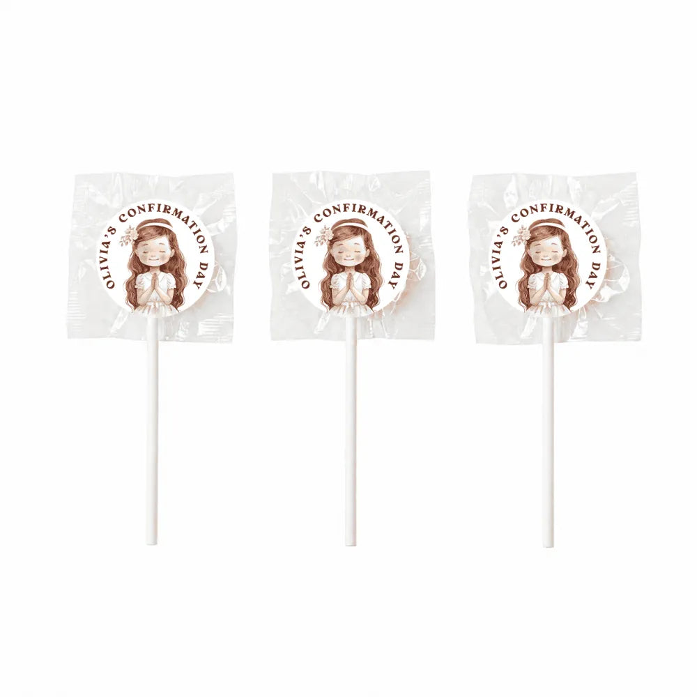White personalised lollipop favours with clear wrappers and olivia’s confirmation day girl illustration for blessed day events