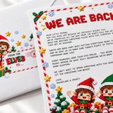 A festive white holiday card with red text and pixelated elves for christmas eve elf letters and goodbye letter use