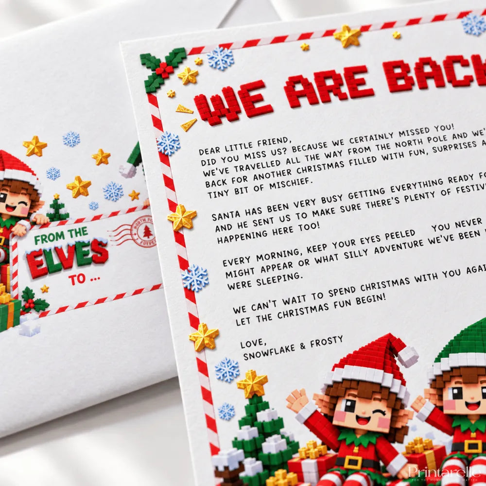 A festive white holiday card with red text and pixelated elves for christmas eve elf letters and goodbye letter use
