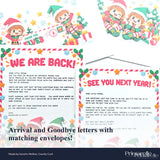 Block by block elves christmas eve elf letters printed on white paper featuring arrival and goodbye letter set designs