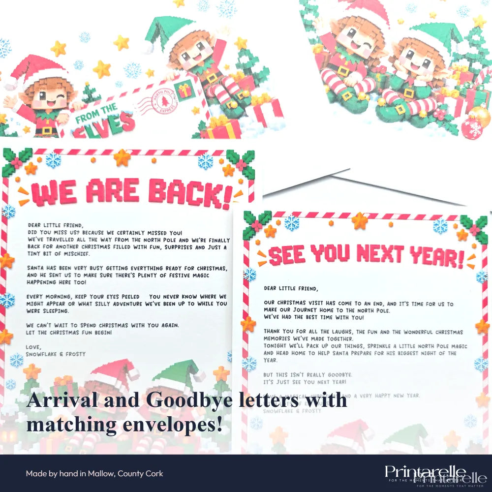 Block by block elves christmas eve elf letters printed on white paper featuring arrival and goodbye letter set designs