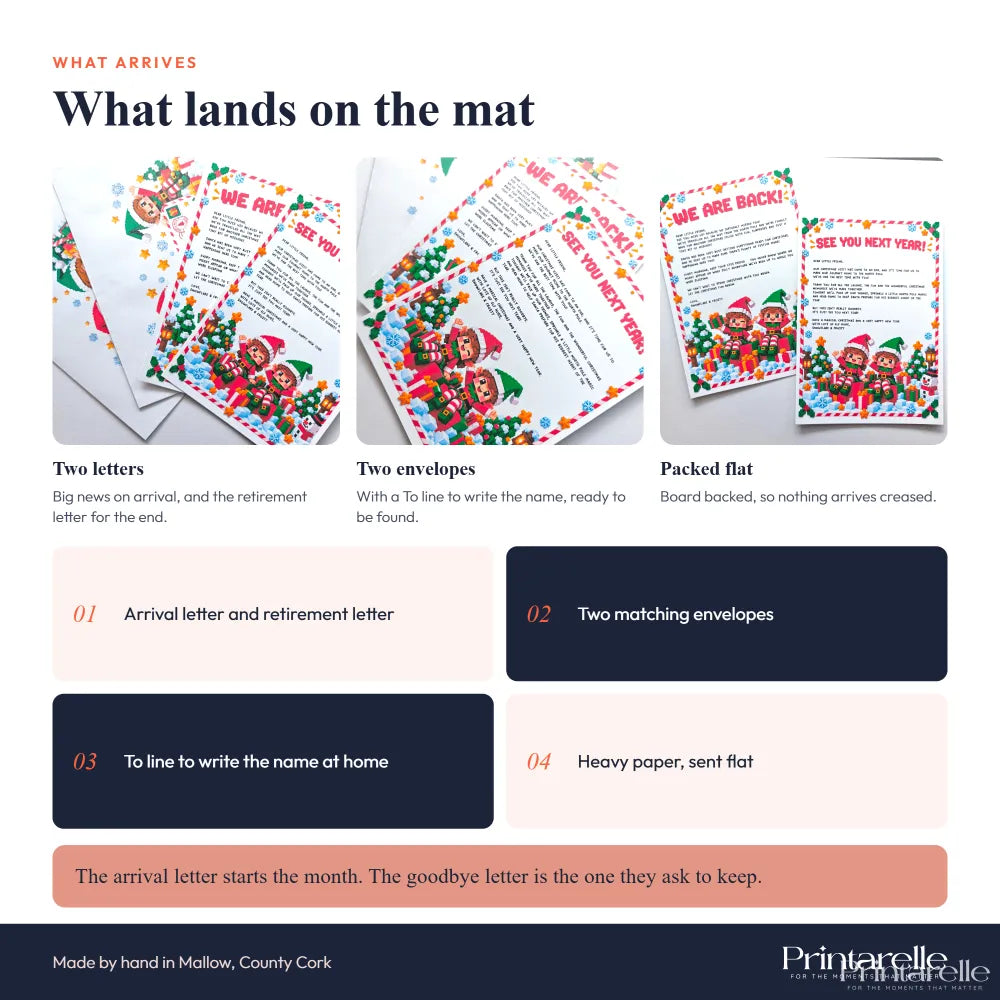 Block by block elves arrival and goodbye letter set with christmas eve elf letters on heavy paper with festive trees and snowflakes