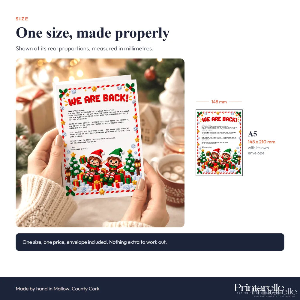 Christmas eve elf letters set featuring festive elves presents and trees on white card with red white striped border