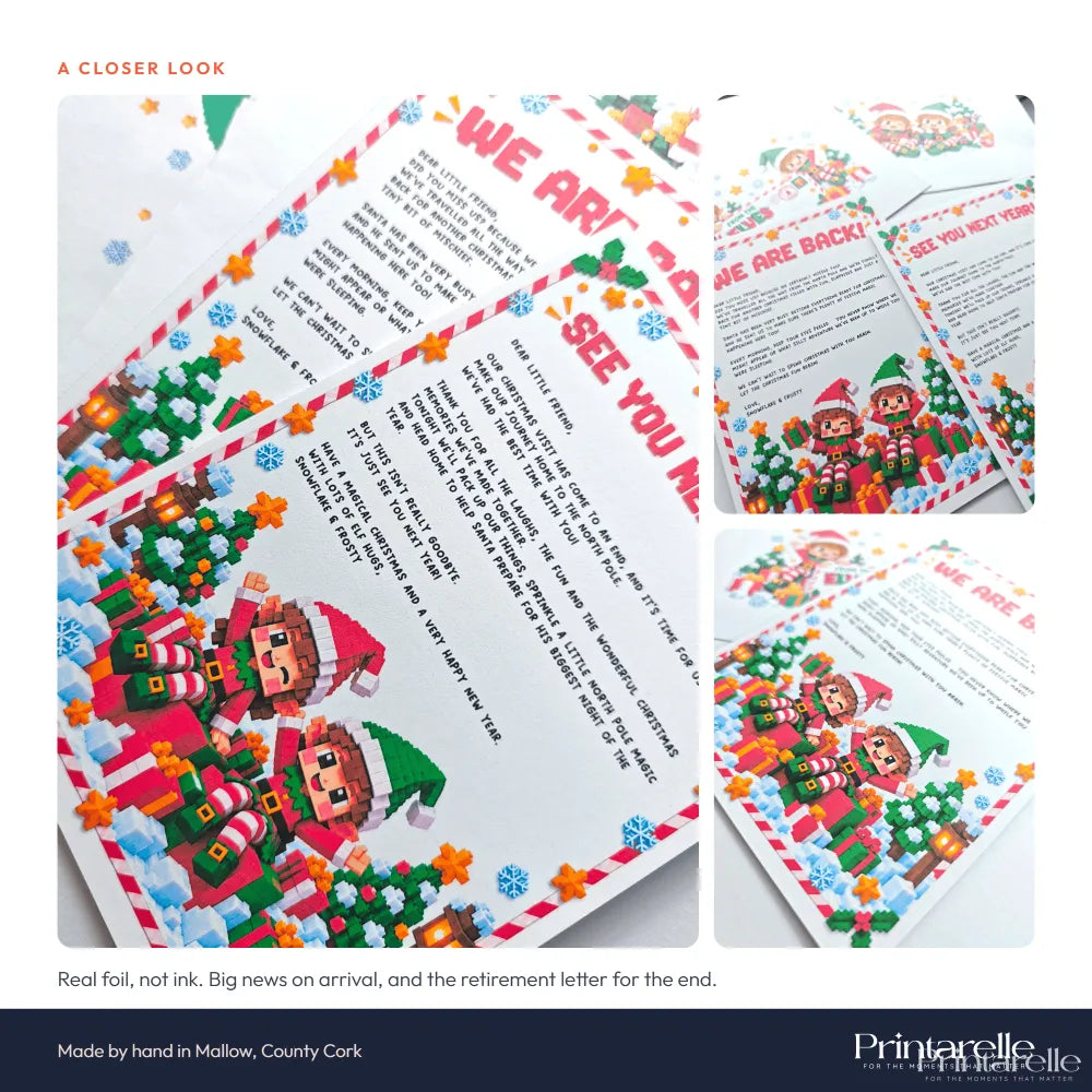 Christmas eve elf letters printed on glossy paper with pixel-art elves snowflakes and trees in red green and blue