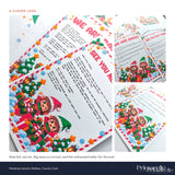 Christmas eve elf letters printed on glossy paper with pixel-art elves snowflakes and trees in red green and blue