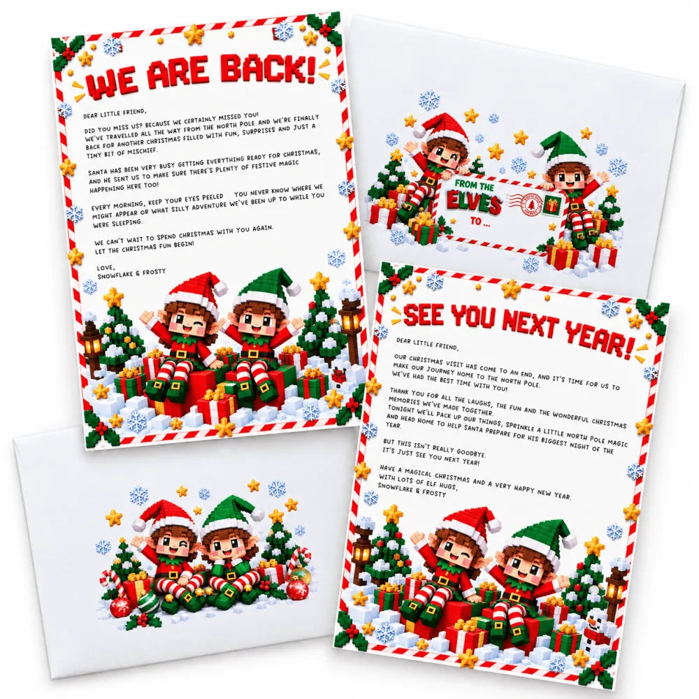 Christmas eve elf letters featuring pixel-art elves in red and green hats on block by block goodbye letter set cards