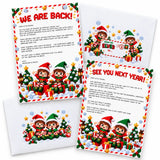 Christmas eve elf letters featuring pixel-art elves in red and green hats on block by block goodbye letter set cards