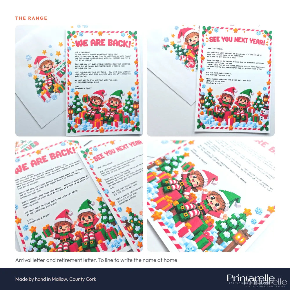 Christmas eve elf letters on colorful cardstock with festive elf illustrations for arrival and goodbye letter sets