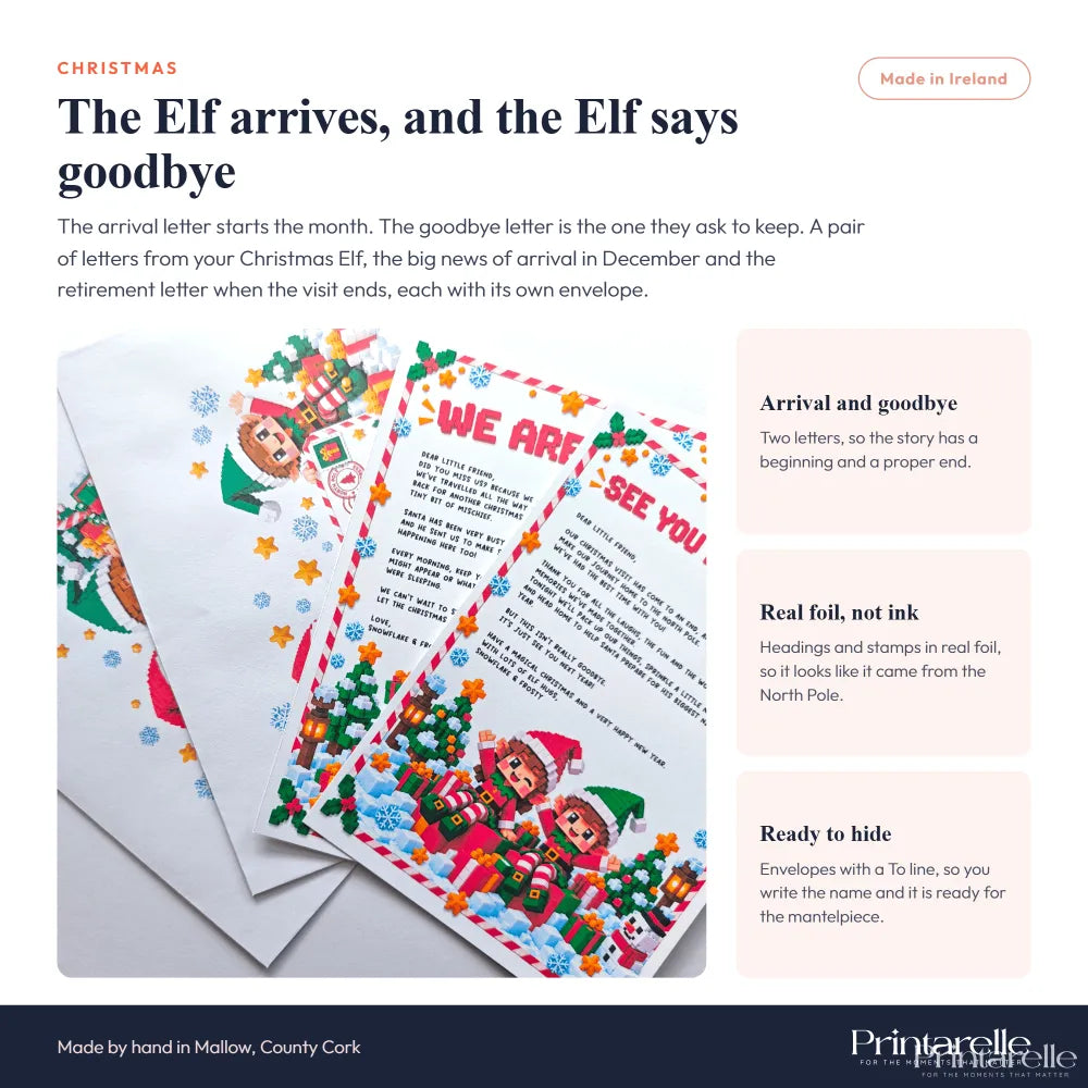 Block by block elves christmas eve arrival and goodbye letter set with elf letters red foil accents on white paper