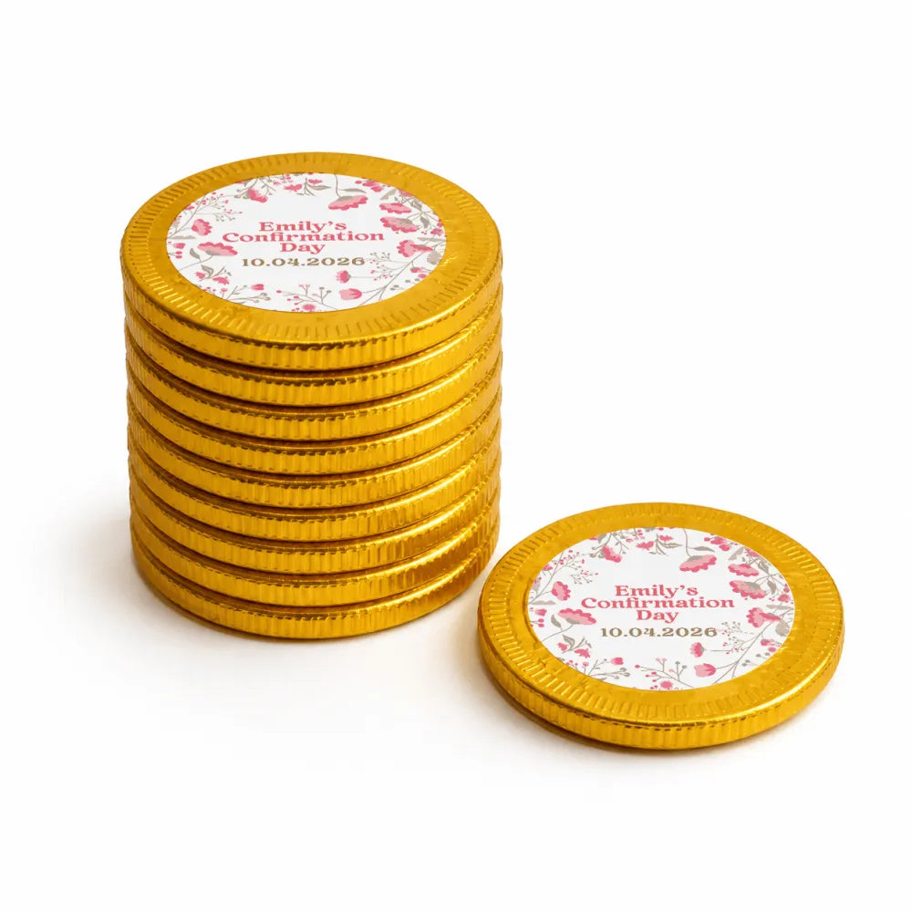 Golden 40mm milk chocolate confirmation chocolate coins with pink floral sticker emilys confirmation day 10.04.2026
