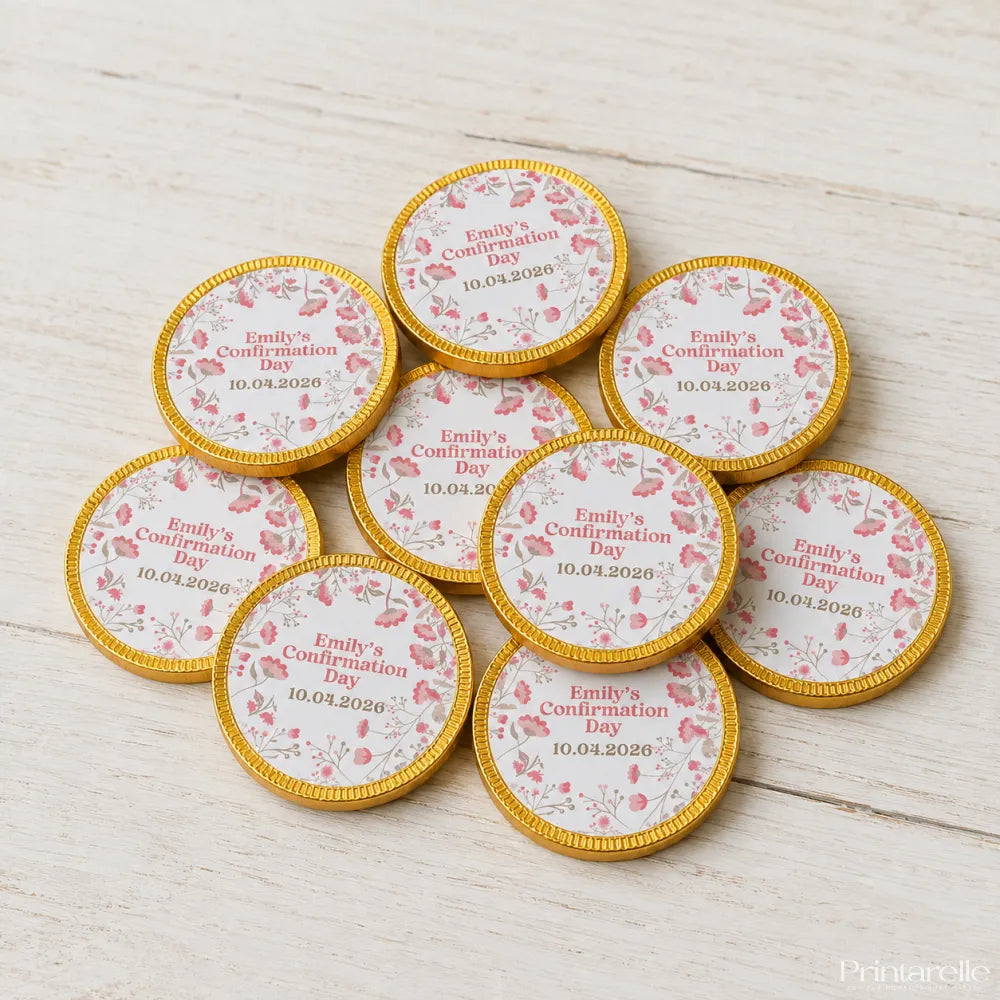Gold-wrapped 40mm milk chocolate coins with pink floral designs and personalized emilys confirmation day text